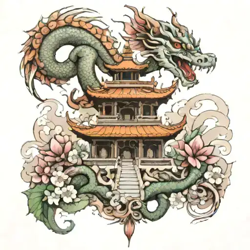 A Nepalese Temple Surrounded By A Dragon And Flowers