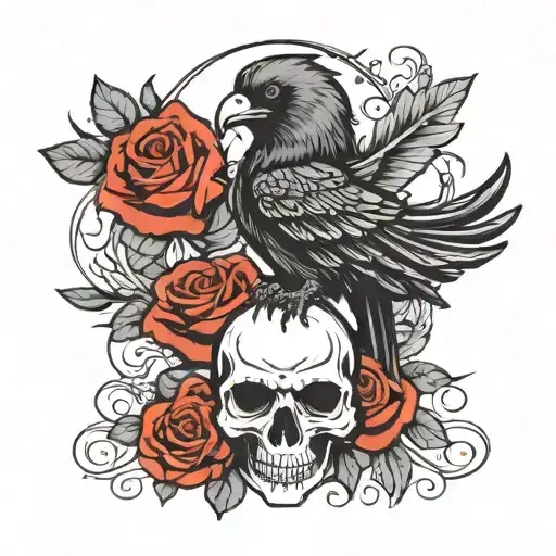 Angry Crow Wings Flap On Skull And Rose