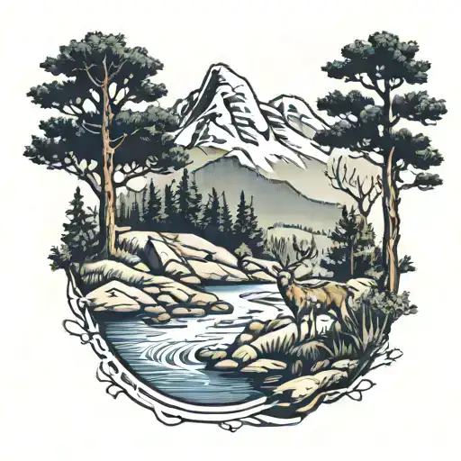 Mountians With Trees And A Creek With A Deer