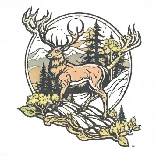 Mountians With Trees With A Deer
