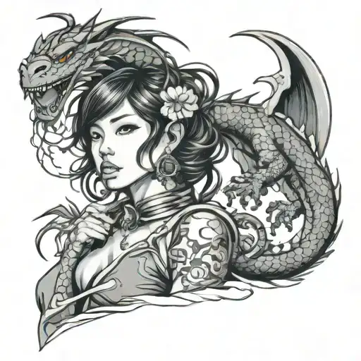 Assian Girl Wrapped By A Dragon Emerging