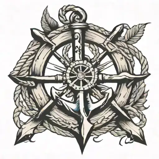 Ship Anchor With Rope Wrapped And Wheel