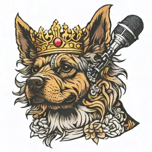 A Majestic Dog Wearing A Crown And Holding A Microphone