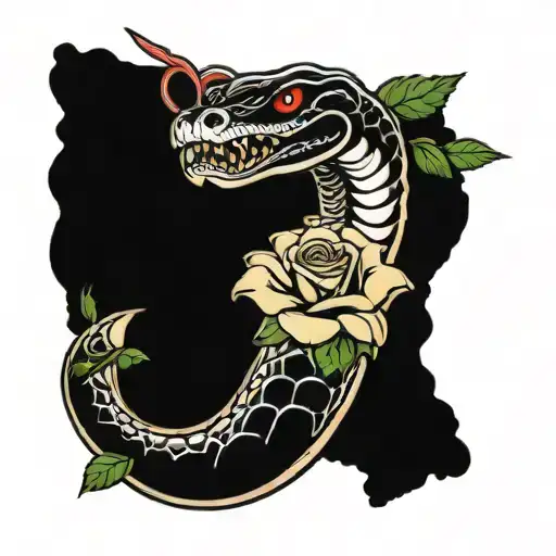 King Cobra Head Coming Out From Behind A Rose