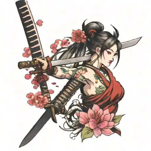 Strong Woman And Katana And Sakura Flowers
