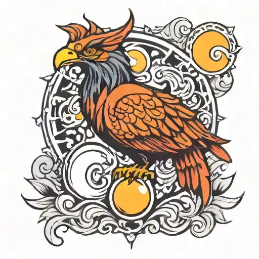 Phoenix With A Sun And A Moon With Faces On Them