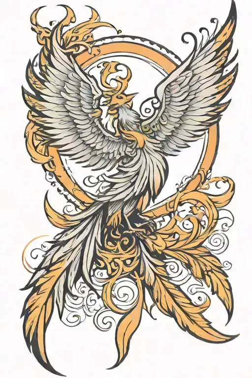 Phoenix With Long Feathers And A Half Sun And A Half Moon With Faces On Them Behind The Phoenix
