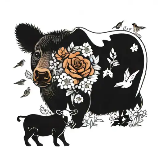 Brown Bear And Black And White Cow With Flowers And Birds