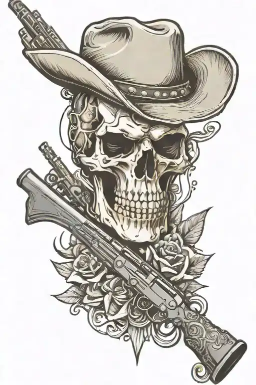Human Skull Wearing A Cowboy Hat Sitting Ontop Of A Rifle That Is Pointing Up