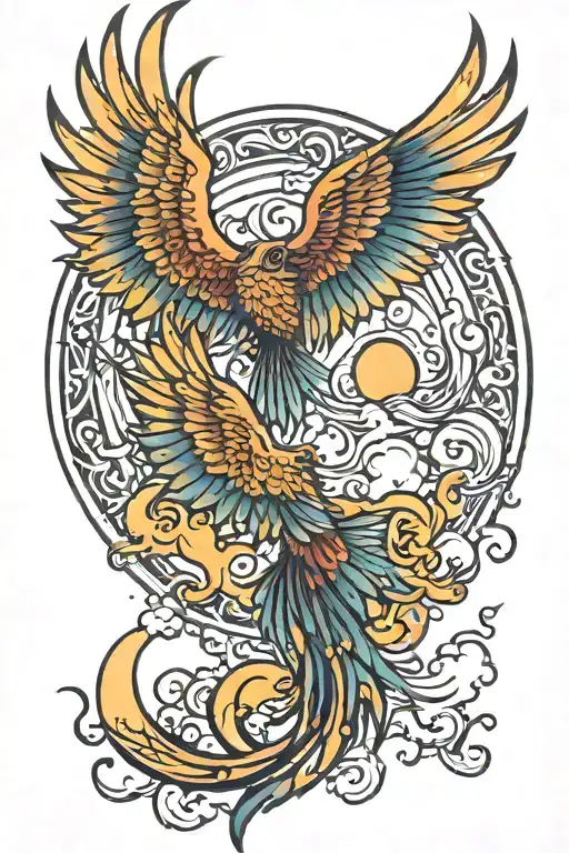 Colored Phoenix Flying Onto A Half Sun And Half Moon