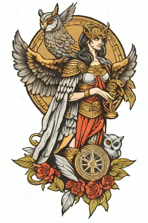 Goddess Athena With Owl And Shield Adorned
