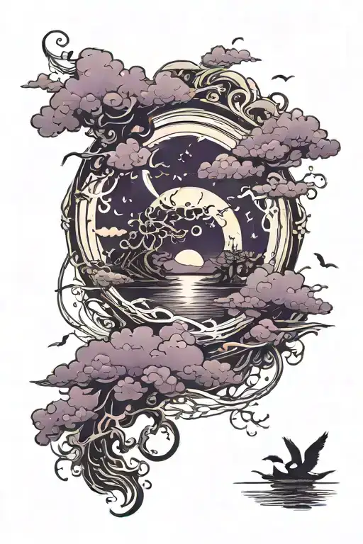 Dark Purple Ominous Clouds Surrounding A Moonlit Lake