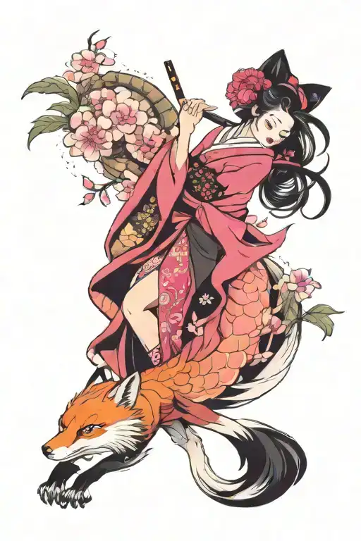 Sexy Geisha And Pink Nine Tailed Fox