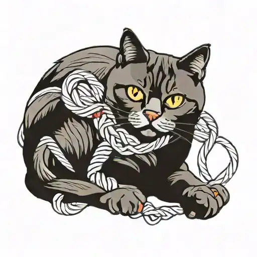 British Shorthair Cat Surrounded By Yarn Intertwined