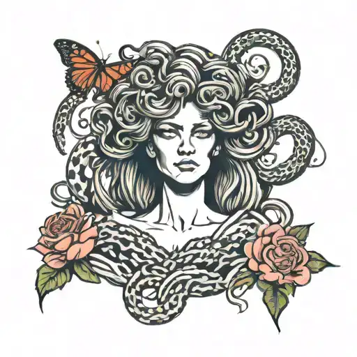 Greek Mythology Medusa With Snakes For Hair And Surrounding Her Face Its Roses Thorns Butterflies
