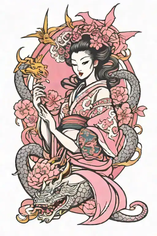 Sexy Geisha And Pink Flying Dragon Baby
