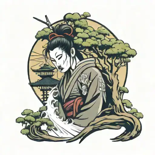 Bansai Tree With Geisha Samurai