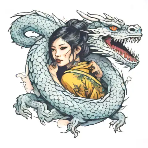 Asian Girl Wrapped By A Dragon On Cosmic Background