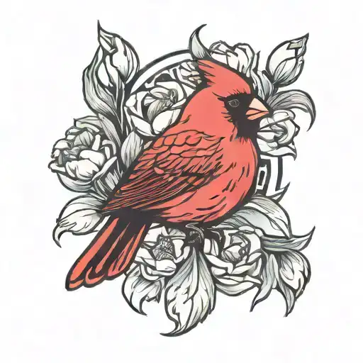 Red Cardinal With Tulips