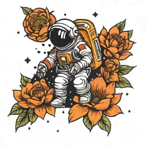 Astronaut Floating In Space Holding Flowers