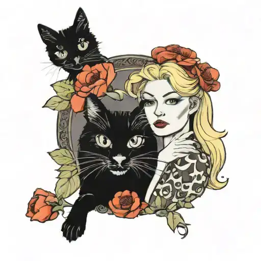 Black Cat Brings Poppy Flower To Blonde Woman Posing
