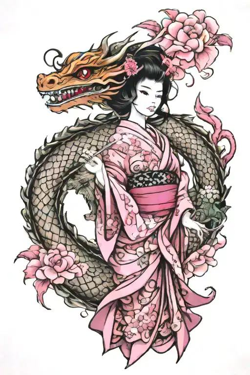 Geisha And Pink Dragon