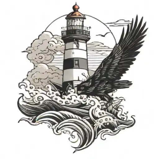 Lighthouse With A Crow Over Looking The Ocean With A Ship Getting Crashed With Waves