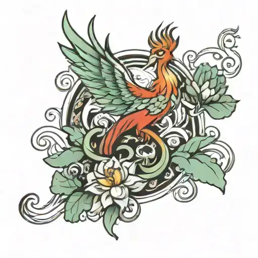 Phoenix With Lotus Flower And Strength Symbol Intertwined