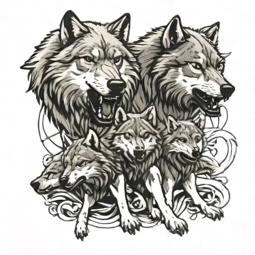 Two Big Wolves Protecting A Smaller One Growling With A Baby In Front