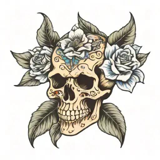 Skull With Flowers Tatted On The Skull Wearing