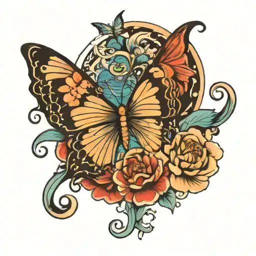 Butterfly With Flower Vines And Koi Fish