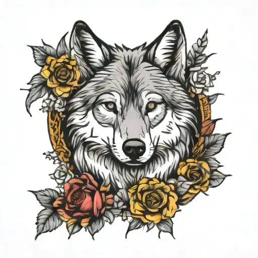 Wolf With Sunflowers Roses And Tulips
