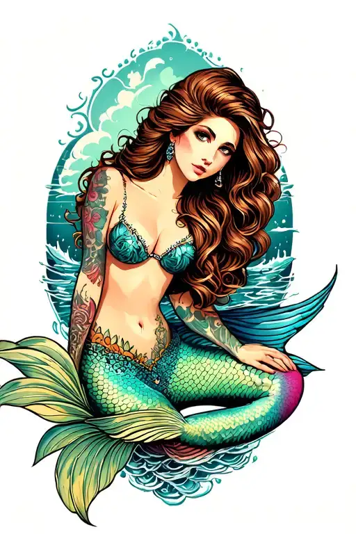 Tattoed Pin Up Mermaid Sitting