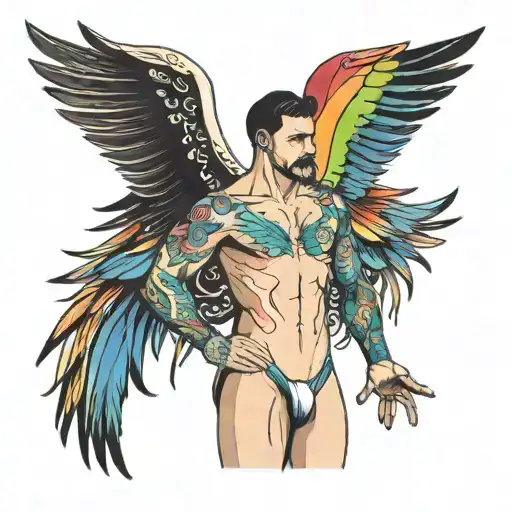 Man In Underwear With Large Rainbow Wings Spread