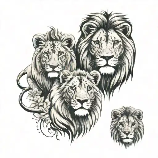 Lion Family With 3 Cubs Face Only