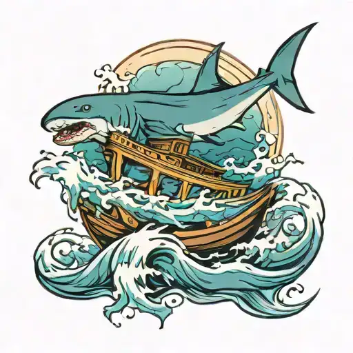 Boat With Waves And A Shark Swimming