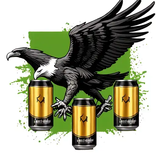 Black Eagle With Wings Spread With Fully Golden Energy Drink Cans In Legs On Green Background