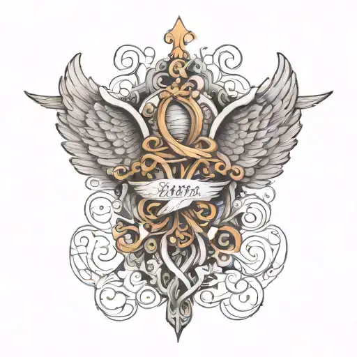 Angel Wings Into Tattoo With Multiple Names Intertwined