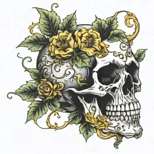Skull With Ivy Plant And Yellow Flowers