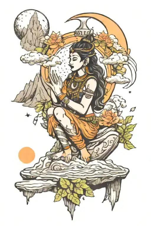 Moon And Shiva And Astronaunt And Nature And Mountains