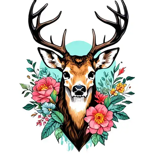 Deer And Skull And Flowers