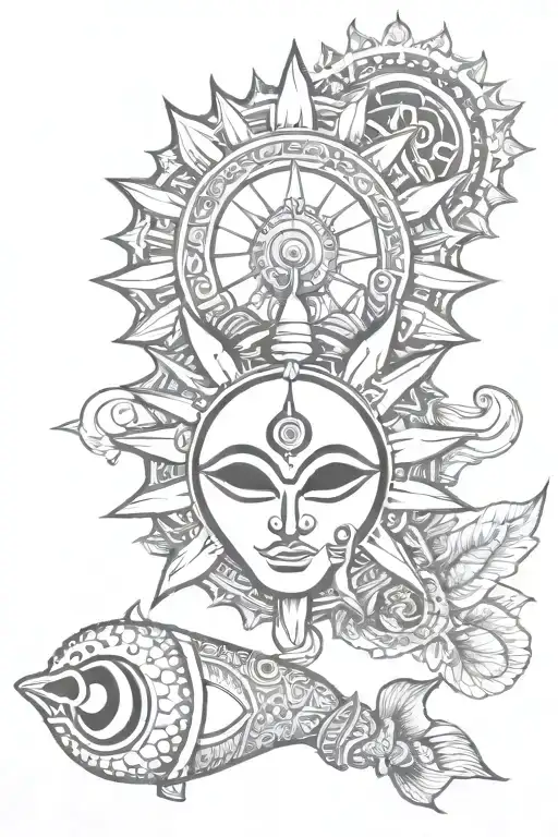 Sun With Trishul Embedded In Conch