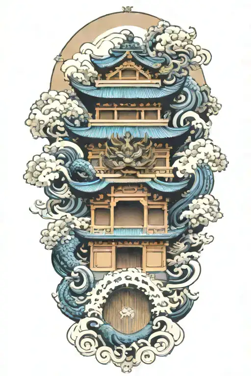 Two Japanese Foo Dog Guarding A Temple Gate Great Wave Off Kanagawa