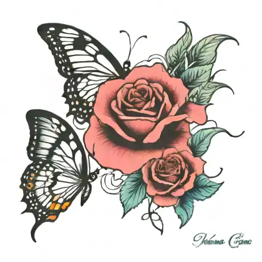 Scar Coverup With Two Rose Flowers With Butterflies With Names