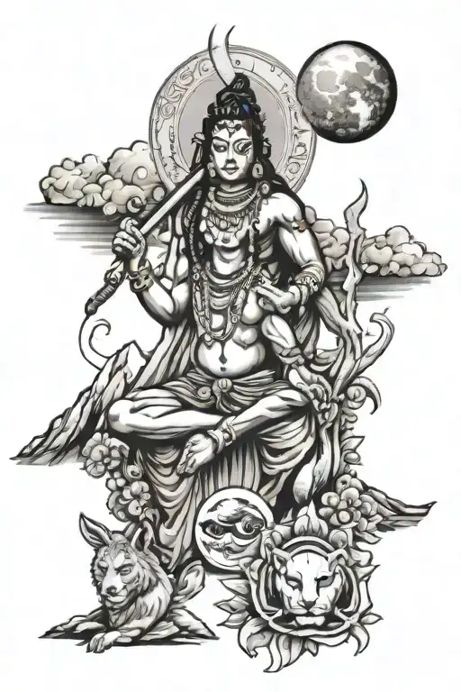 Moon And Lord Shiva And Astronaunt And Nature And Mountains