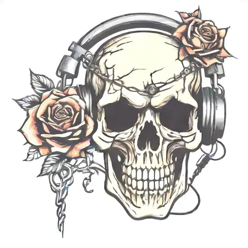 Rose Barbwire Skull Wearing Headphones