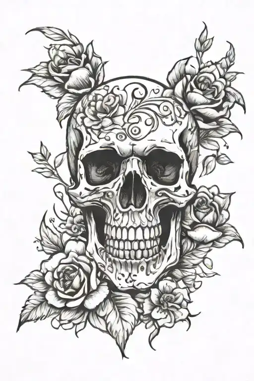 Skull And Flowers Blooming