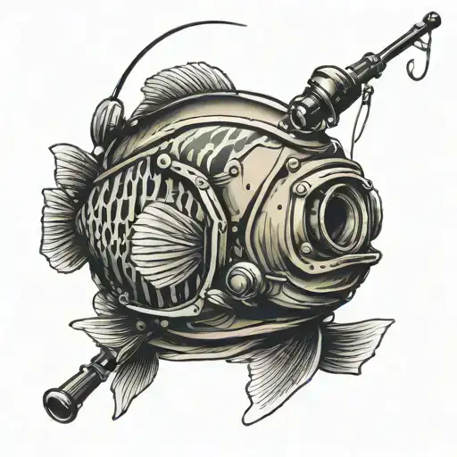 Diver Helmet With Striped Bass And Fishing Pole
