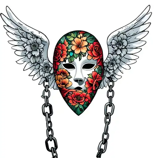 Mask They With An Angel Mask Wrapped In Shackles In The Background Are Lekoris Flowers