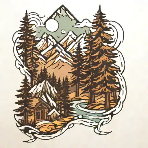Mountain Scene With 4 Peaks And 4 Pine Trees Growing